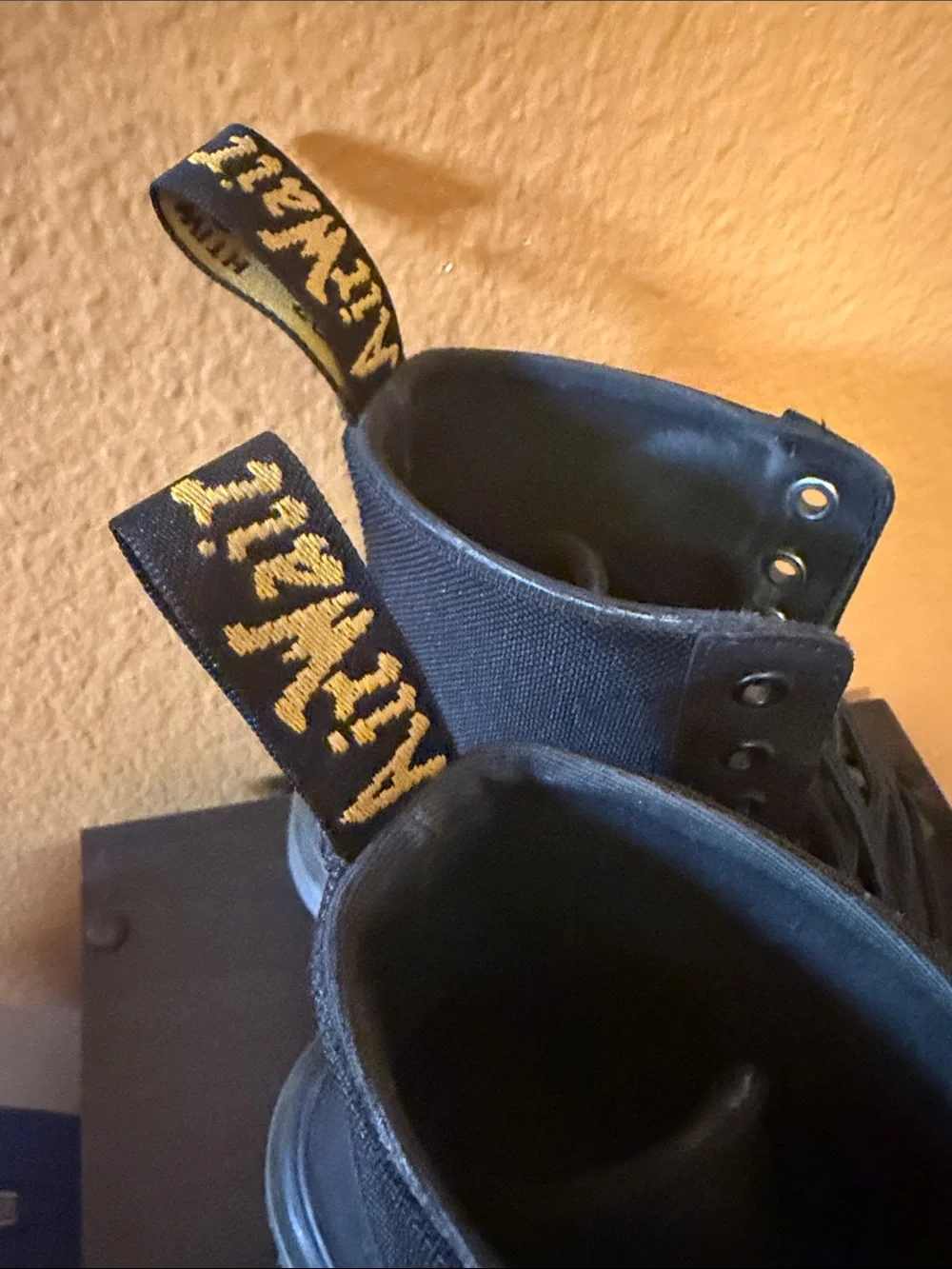 Dr. Martens Black Canvas Combat Boots with Yellow Heel Loop Good condition 8M